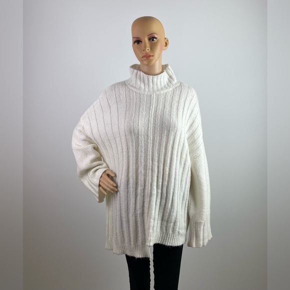 White Knit Turtleneck Oversized Asymmetrical Sweater - Picture 1 of 6